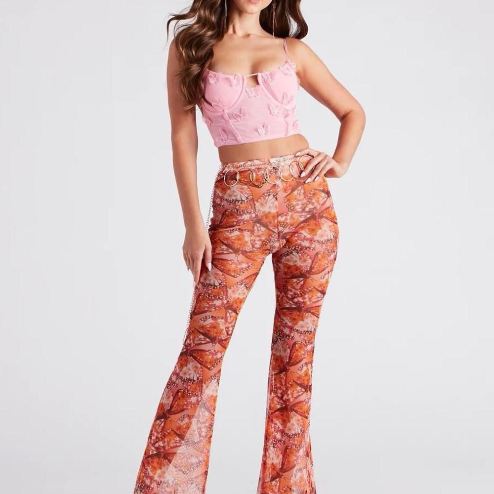 Pink Crop Top and Orange Patterned Flare Pants
